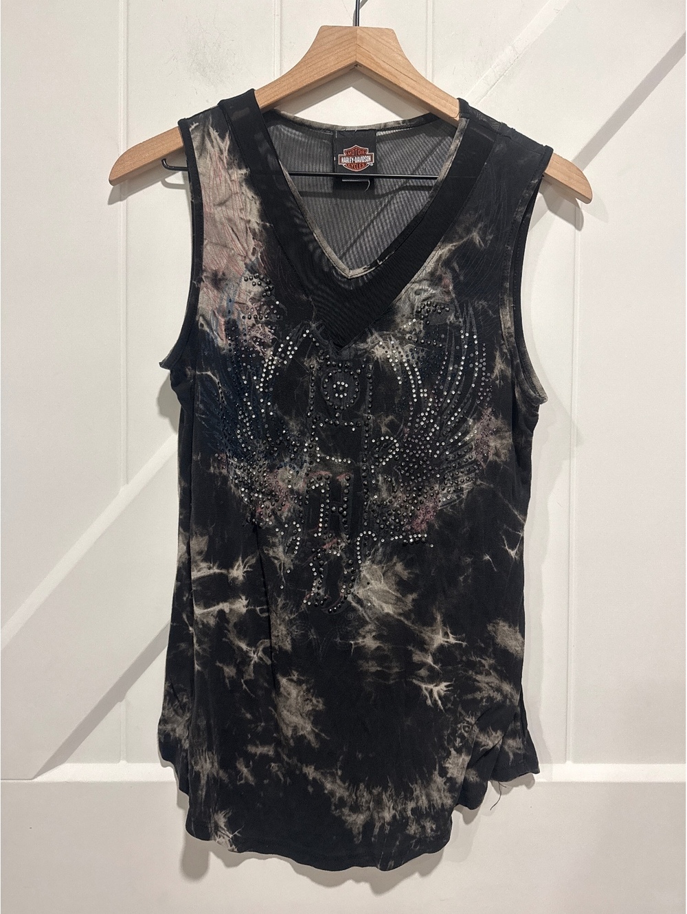 Harley-Davidson Women's Black Tie-Dye V-Neck Sleeveless Top with Rhinestones, L